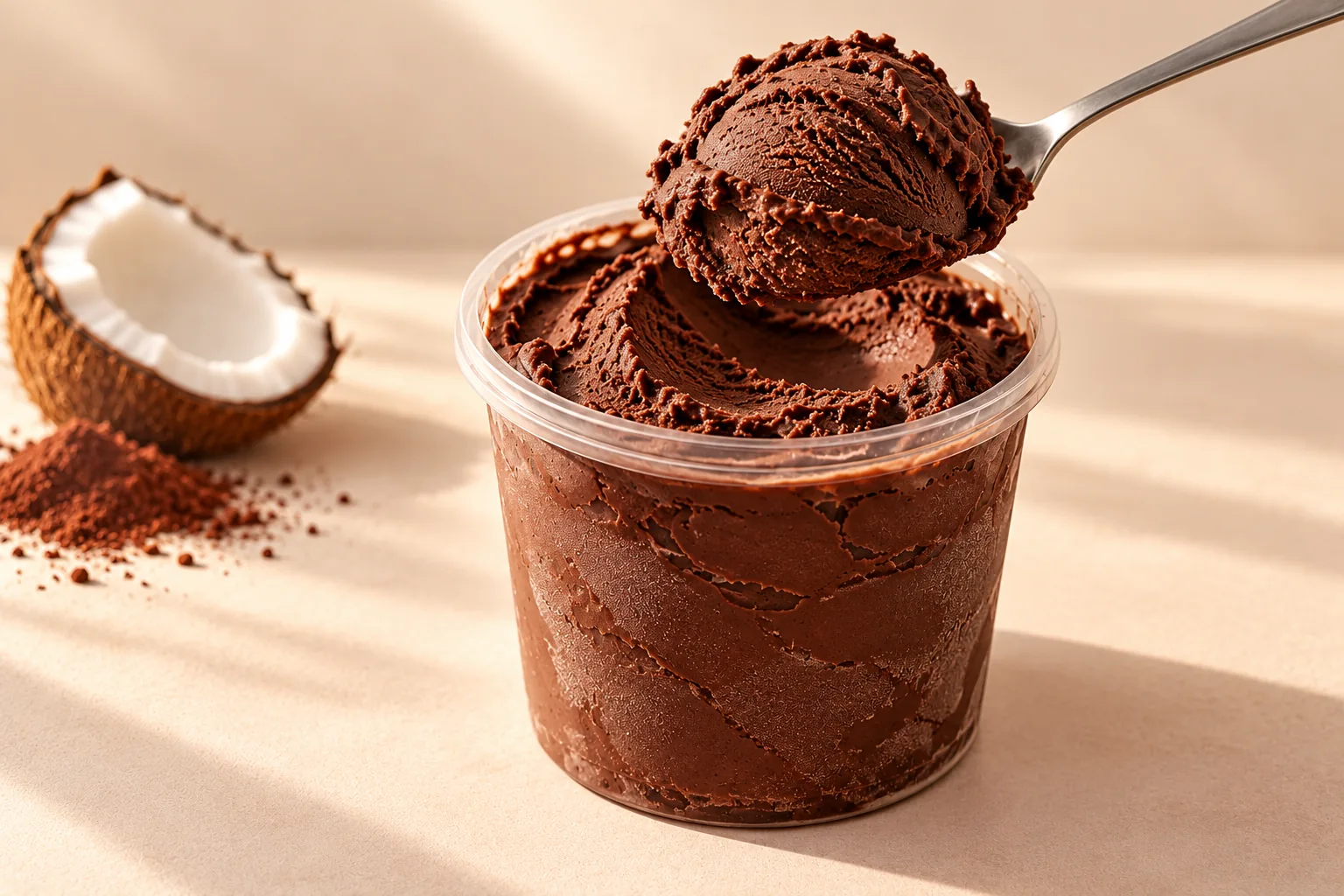 Styled illustration of coconut & cocoa chocolate in a clear pint