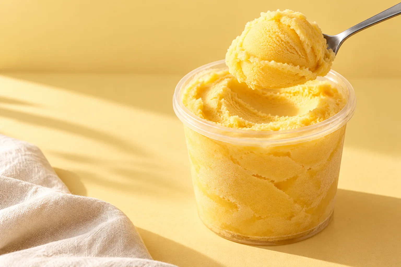 Styled illustration of one-can pineapple sorbet in a clear pint
