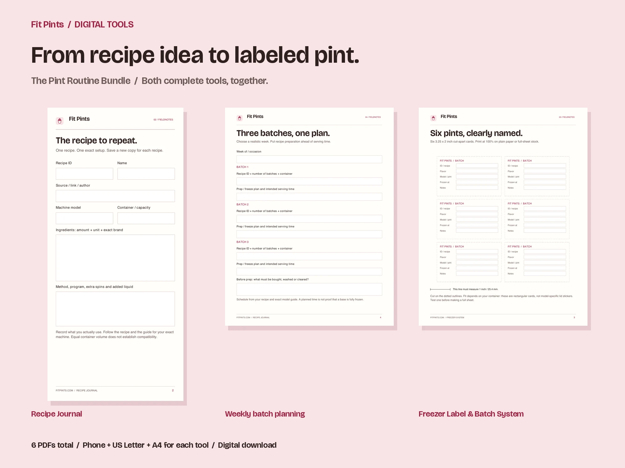 Actual pages from the Pint Recipe Journal and Freezer Label & Batch System